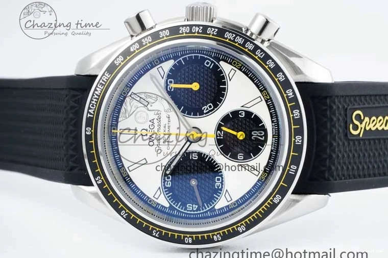 0706 TopPick Speedmaster Racing Master SS HKF Best Edition White Black Dial on Black Rubber Strap A 7813